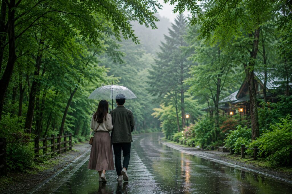 雨の日の那須高原を歩くカップルのイメージ