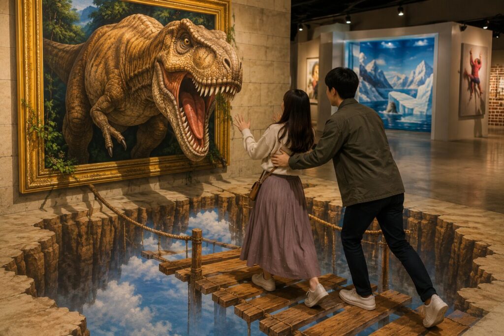 トリックアート作品を楽しむカップル