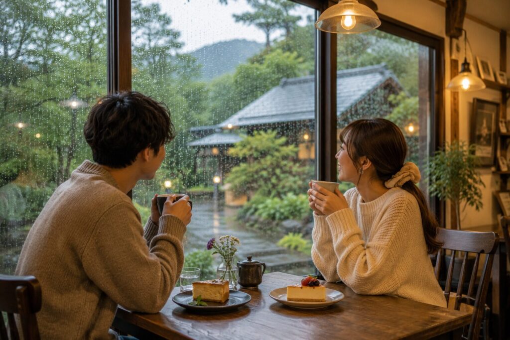 窓辺のカフェで景色を眺めながら過ごすカップル