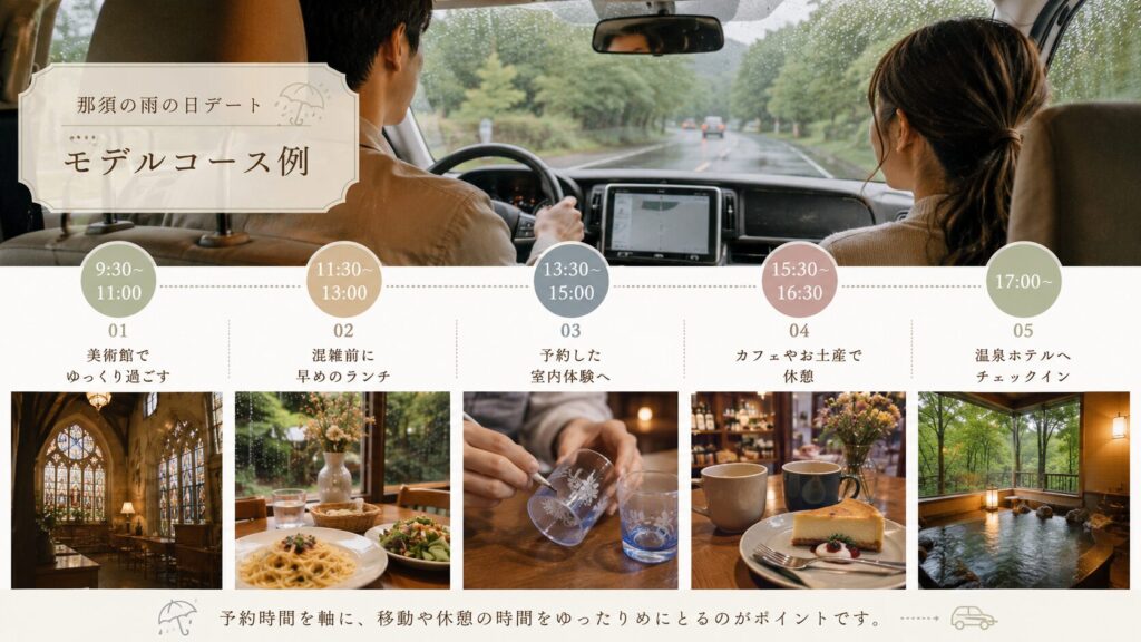 雨の日の那須デートで美術館・ランチ・体験・カフェ・温泉を巡るモデルコースのイメージ