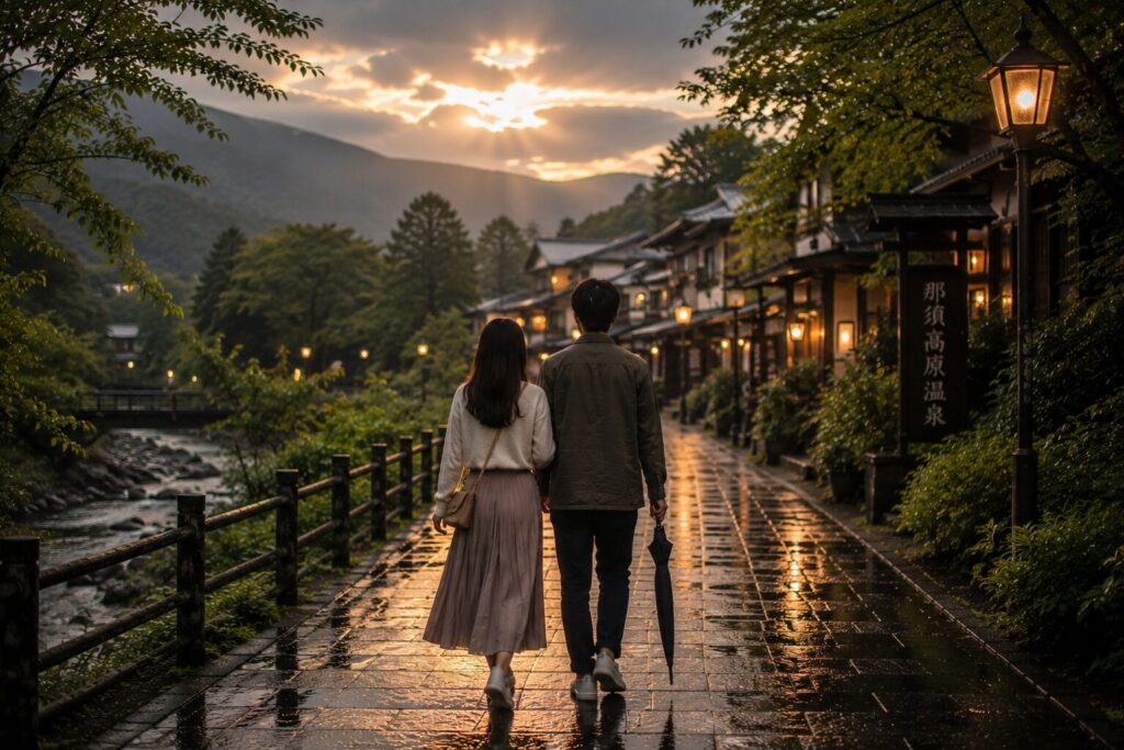雨上がりの那須高原を歩くカップルの後ろ姿