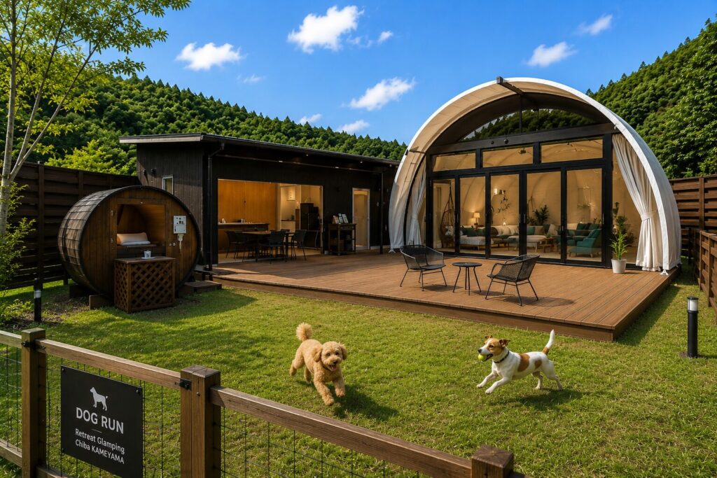 リトリートグランピング千葉亀山のコクーンテントと専用ドッグランのイメージ