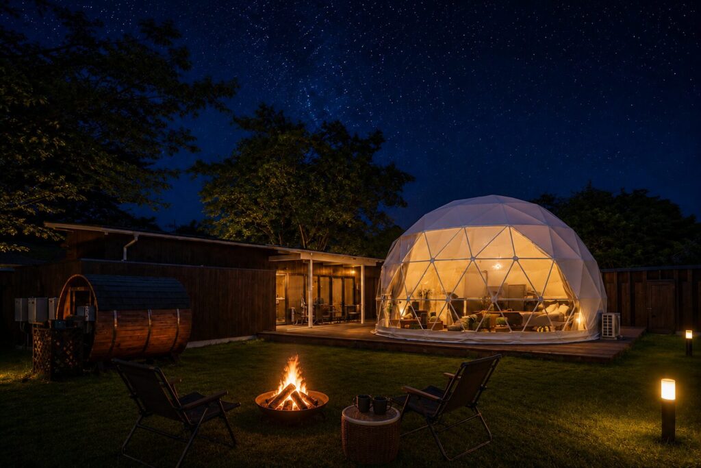 星空と焚き火を楽しむリトリートグランピング千葉亀山の夜のイメージ