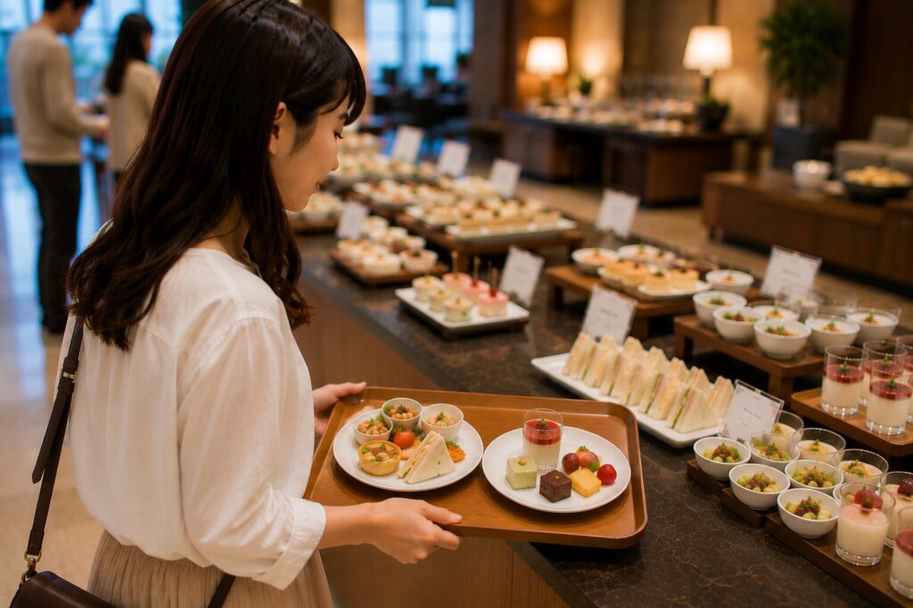 ウェルカムランチの軽食を選ぶ宿泊者のイメージ